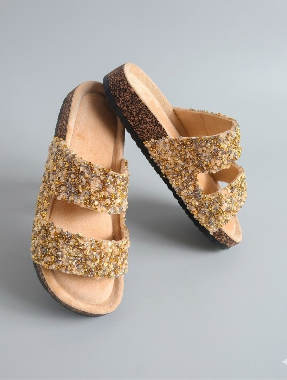 New Glitter Rhinestone Beaded Goldtone Slide Comfort Sandals Size 6.5 /37 EU